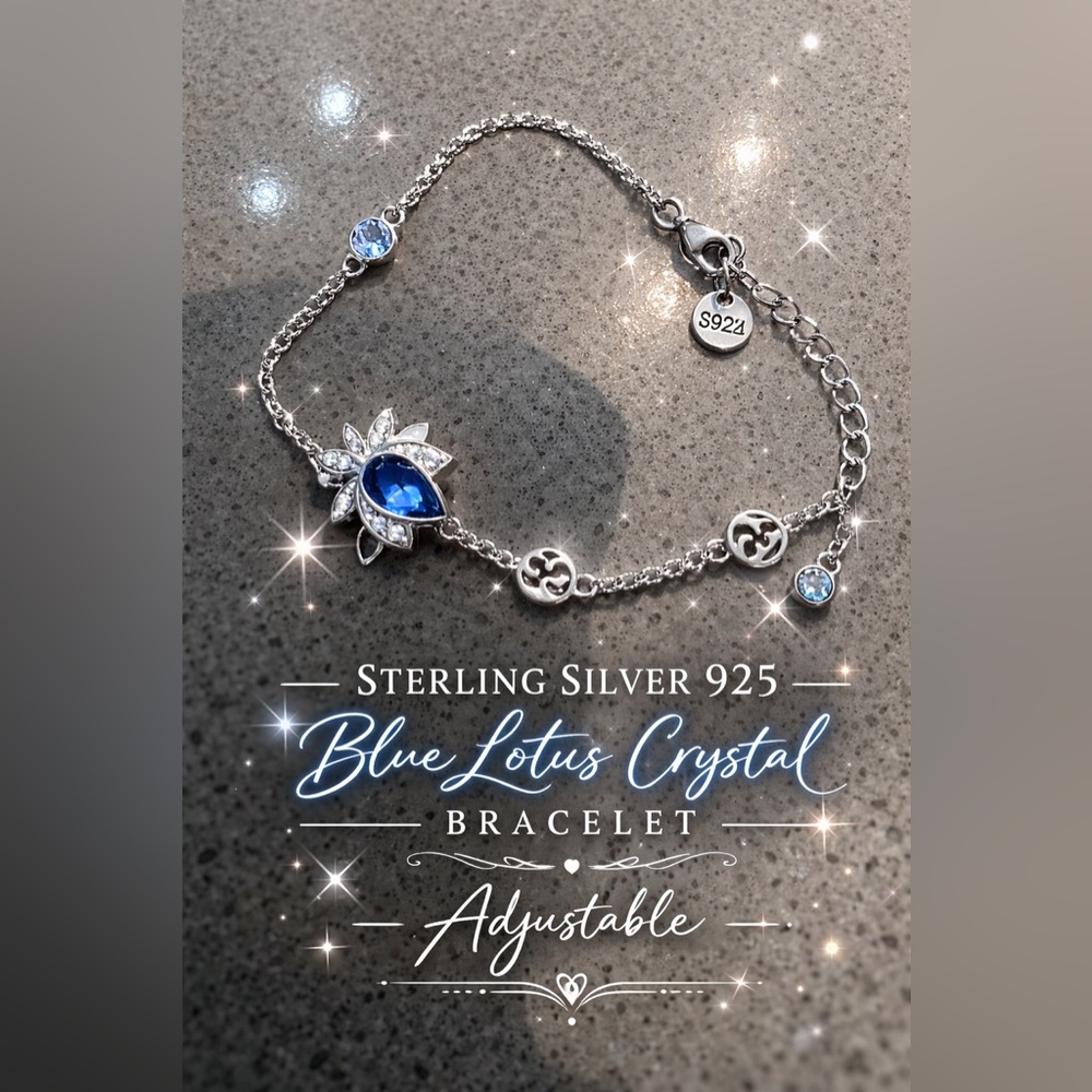 Sterling Silver 925 Blue Crystal Lotus Bracelet Adjustable CZ Floral Delicate